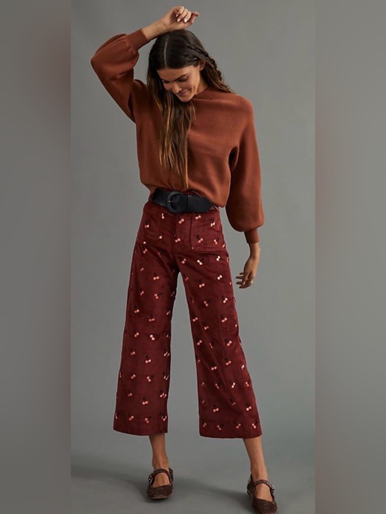 Maeve Pants - Maeve Colette Crop Wide-Leg Cherry-Embroidered Corduroy Pants